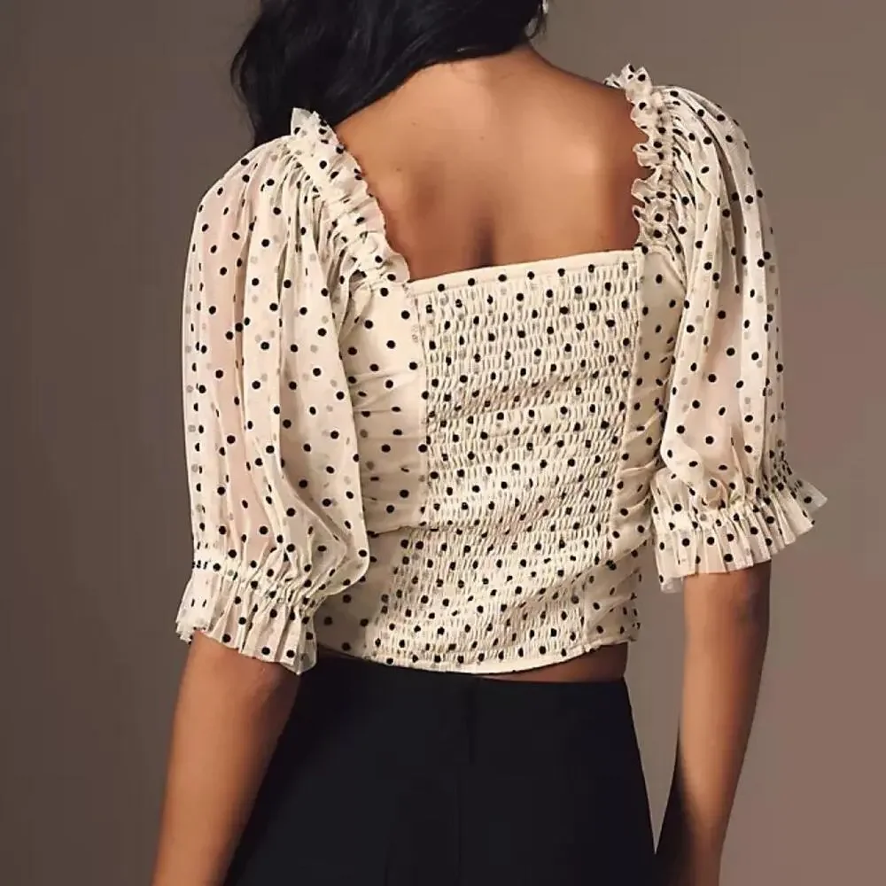 Anthropologie Maeve Ivory Black Polka Dot Ruched Puff Sleeve Blouse S